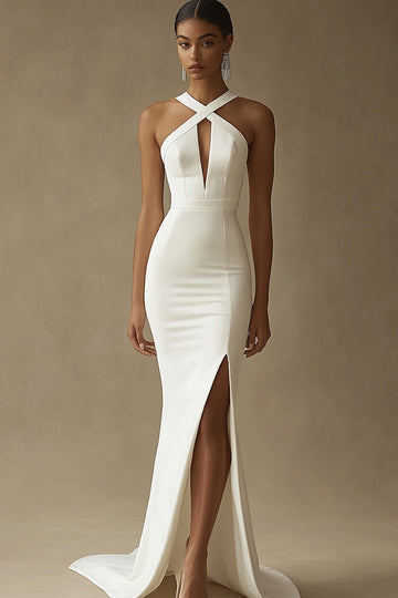 Robe de mariée en satin blanc trou de serrure sirène avec fente